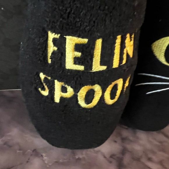 Halloween Black Cat Slippers Feline Spooky Size Small 5-6 Purple Kitties Lining - Picture 9 of 9